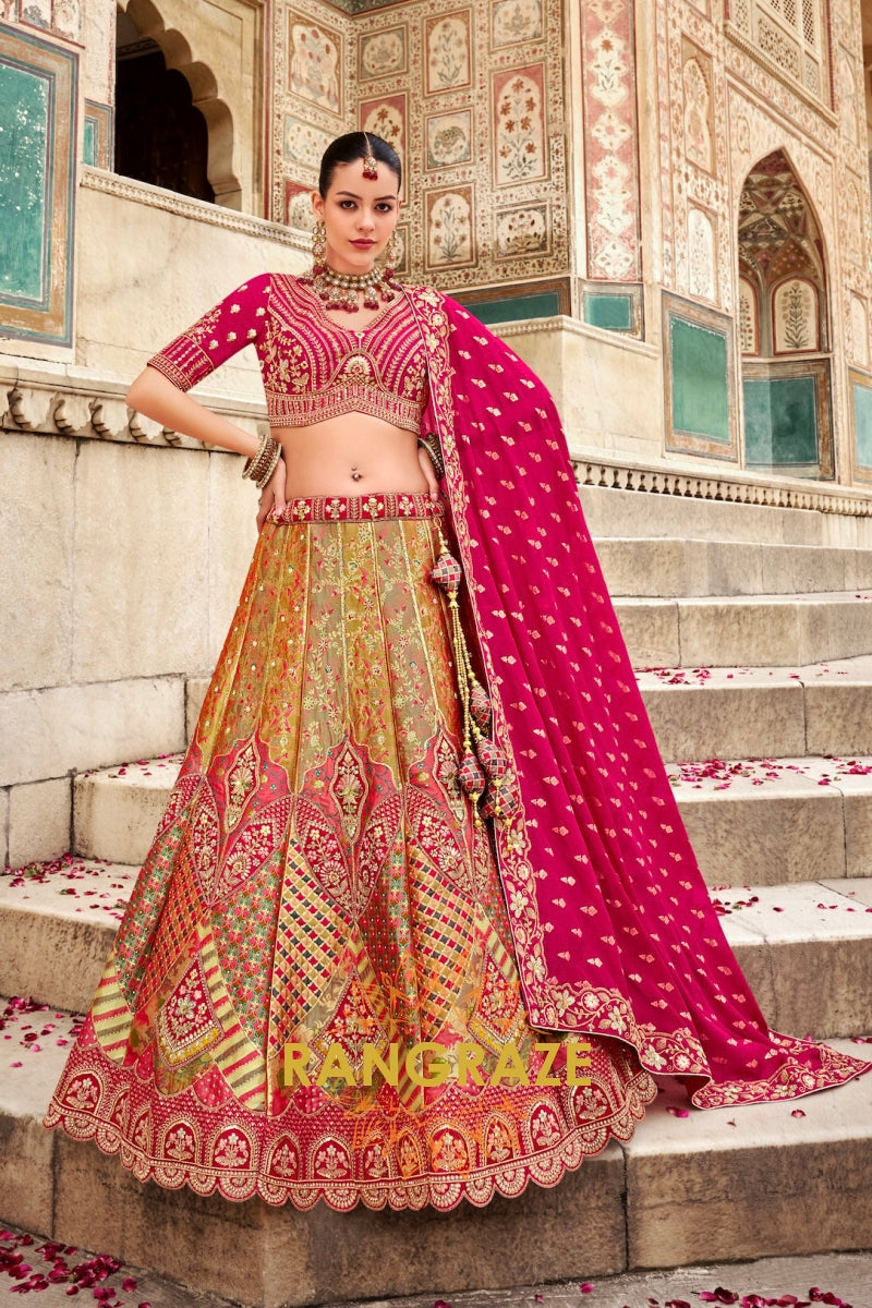 Fuchsia Pink and Golden Banarasi Silk Lehenga – A Regal Symphony of Elegance