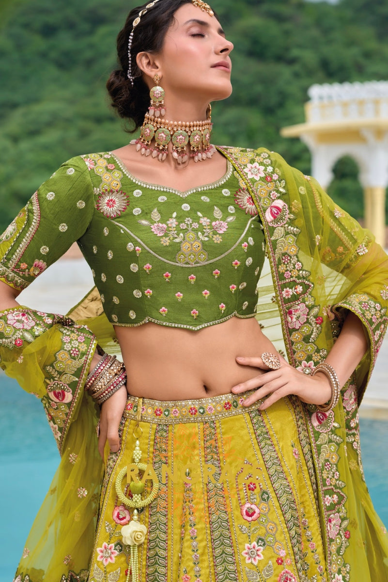 Olive Green and Mustard Yellow Embroidered Lehenga – A Radiant Ode to Tradition