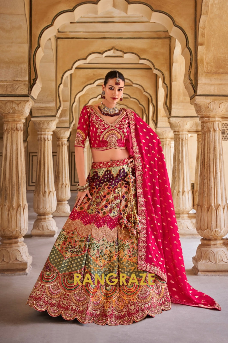 Ravishing Red and Multicolor Banarasi Silk Lehenga – A Vibrant Blend of Tradition and Grandeur