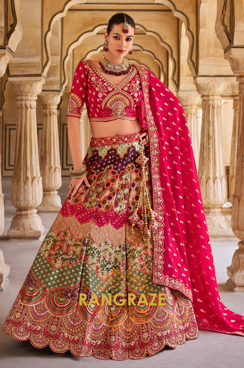Ravishing Red and Multicolor Banarasi Silk Lehenga – A Vibrant Blend of Tradition and Grandeur