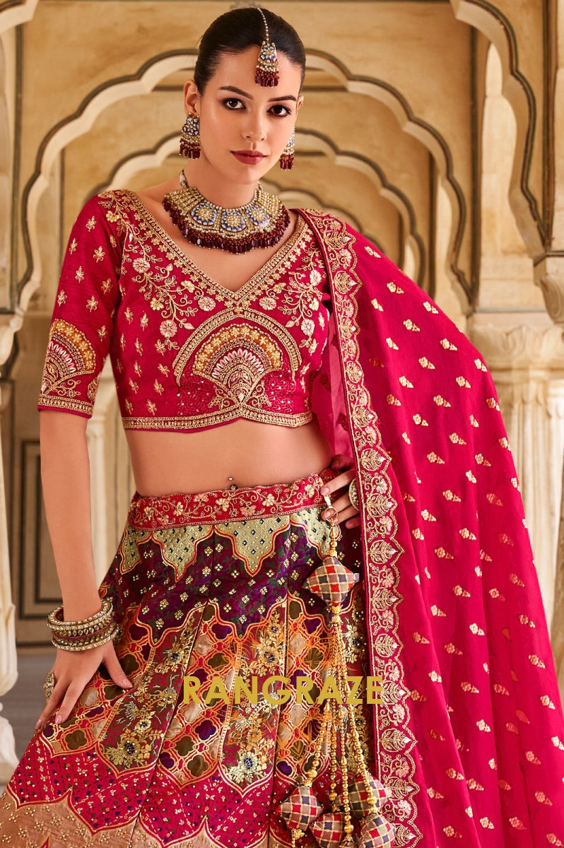Ravishing Red and Multicolor Banarasi Silk Lehenga – A Vibrant Blend of Tradition and Grandeur