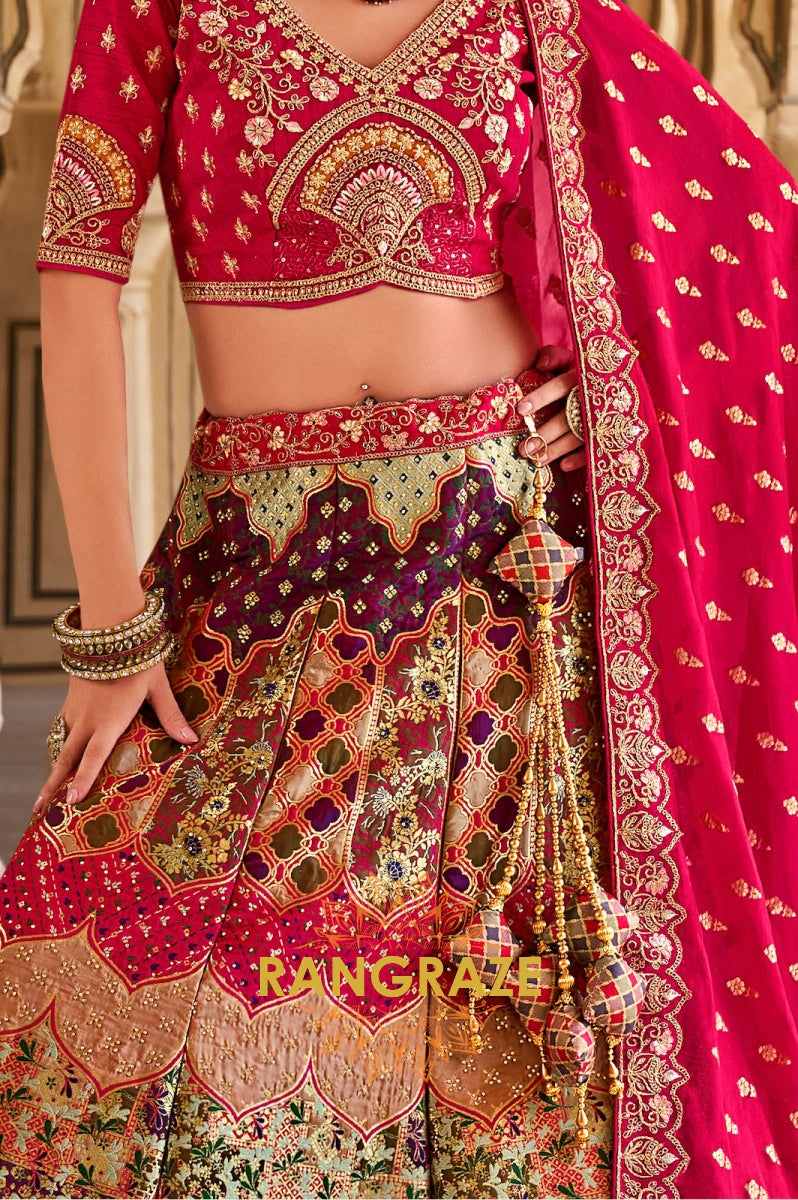 Ravishing Red and Multicolor Banarasi Silk Lehenga – A Vibrant Blend of Tradition and Grandeur