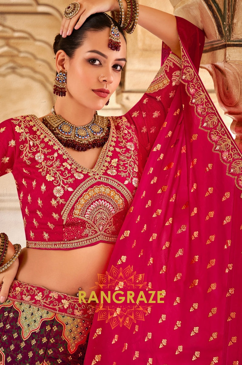 Ravishing Red and Multicolor Banarasi Silk Lehenga – A Vibrant Blend of Tradition and Grandeur