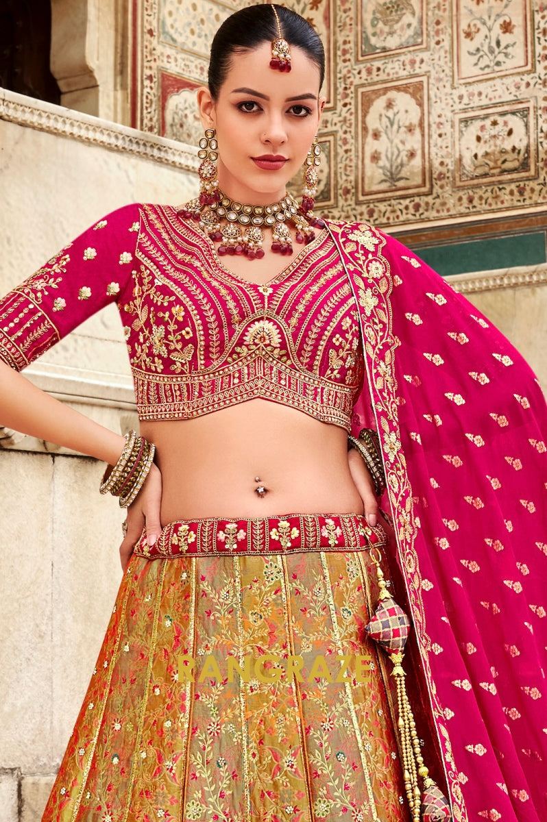 Fuchsia Pink and Golden Banarasi Silk Lehenga – A Regal Symphony of Elegance