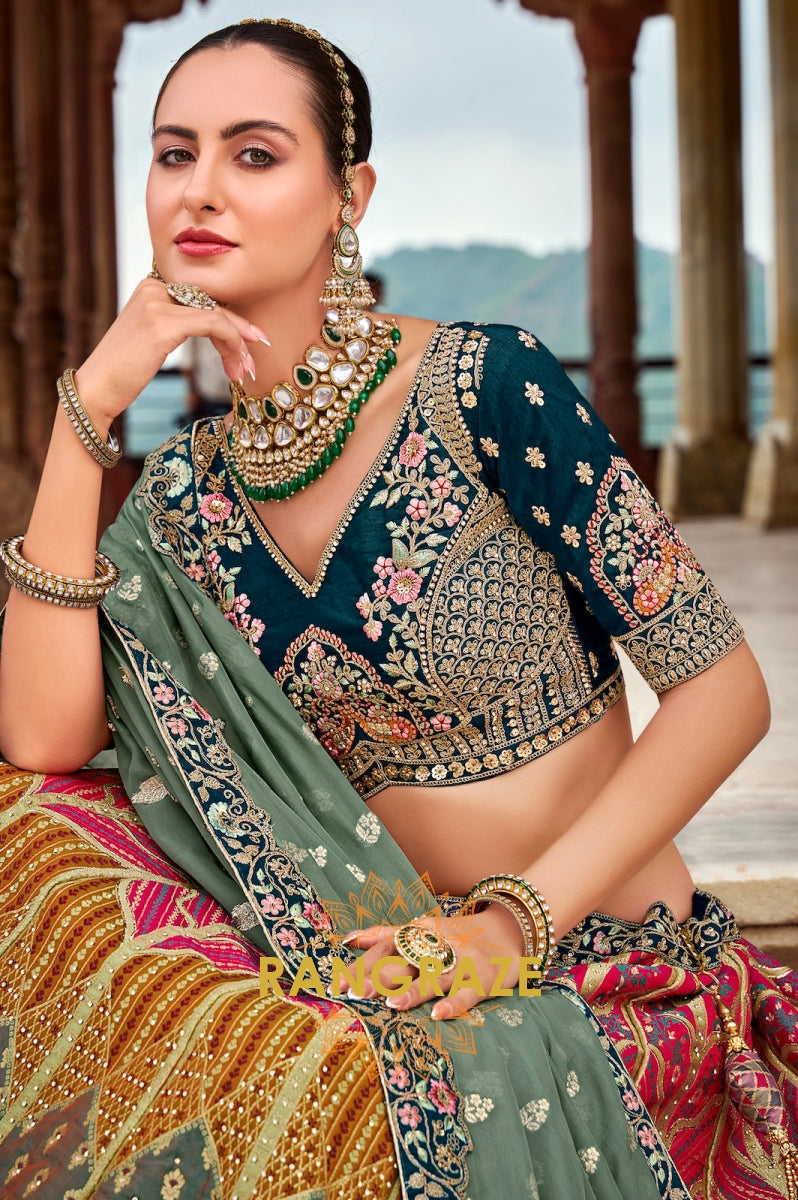 Teal Blue and Multicolor Banarasi Silk Lehenga – A Statement of Regal Sophistication