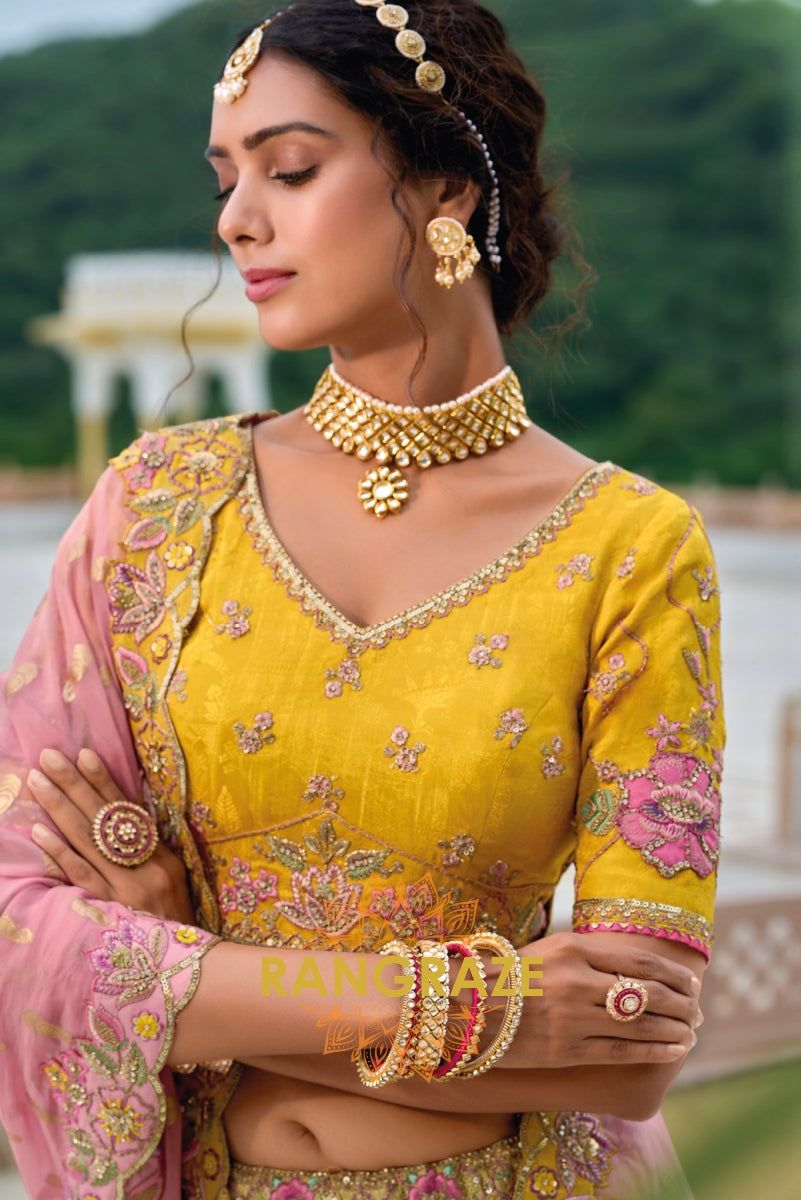 Sunshine Yellow and Blush Pink Embroidered Lehenga – A Celebration of Radiance