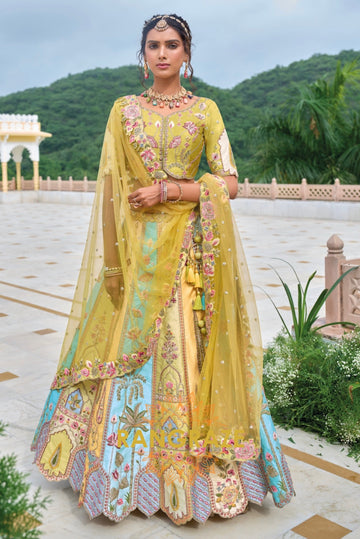 Lemon Yellow and Aqua Blue Embroidered Lehenga – A Symphony of Radiance and Artistry