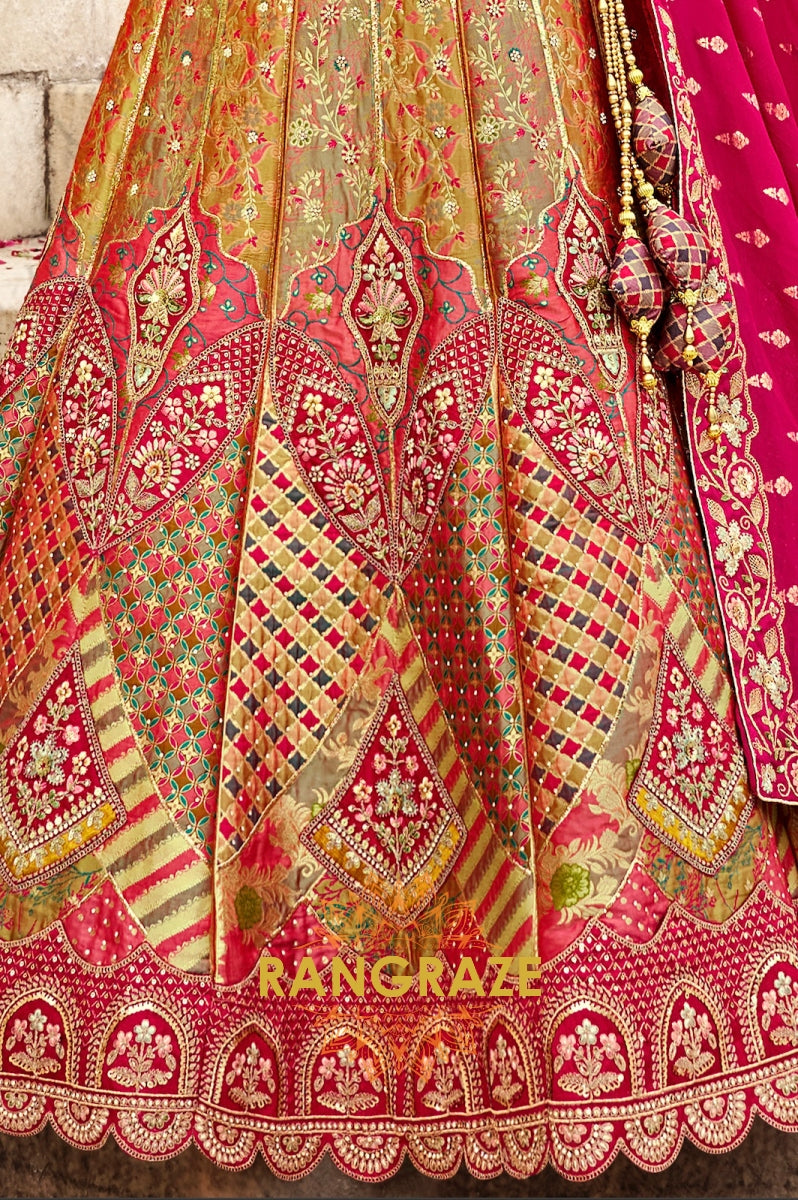 Fuchsia Pink and Golden Banarasi Silk Lehenga – A Regal Symphony of Elegance