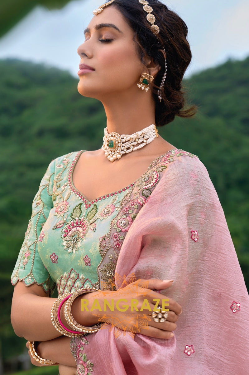 Blush Pink and Mint Green Embroidered Lehenga – A Dream of Subtle Elegance