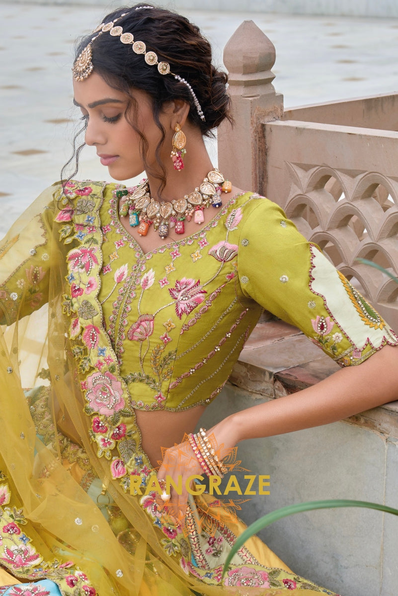 Lemon Yellow and Aqua Blue Embroidered Lehenga – A Symphony of Radiance and Artistry