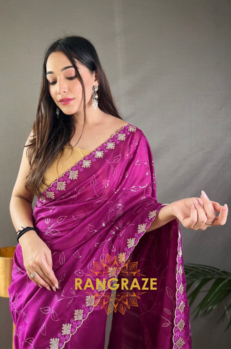 Purple Pure Ruhi Silk Saree With Sequin Jaal Work And Cutwork Fancy Border