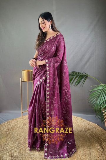 Maroon Pure Ruhi Silk Saree With Sequin Jaal Work And Cutwork Fancy Border