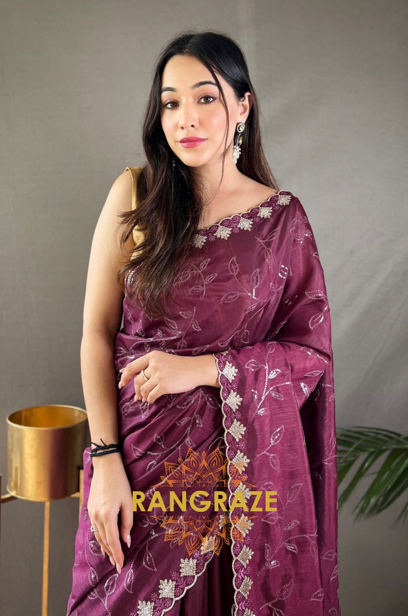 Maroon Pure Ruhi Silk Saree With Sequin Jaal Work And Cutwork Fancy Border