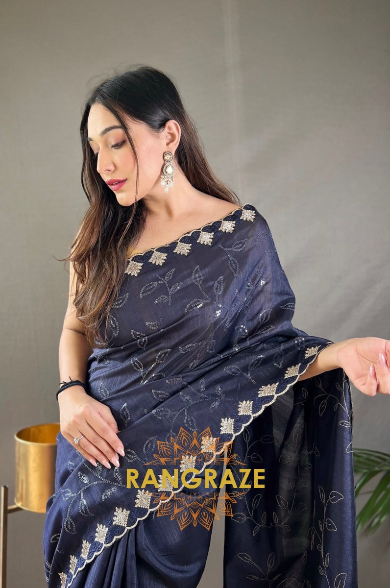 Black Pure Ruhi Silk Saree With Sequin Jaal Work And Cutwork Fancy Border