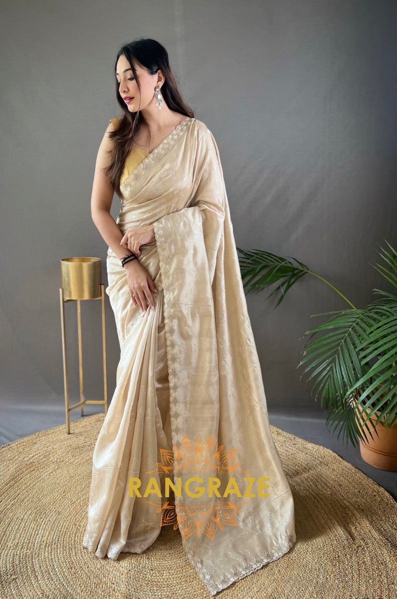 Beige Pure Ruhi Silk Saree With Sequin Jaal Work And Cutwork Fancy Border