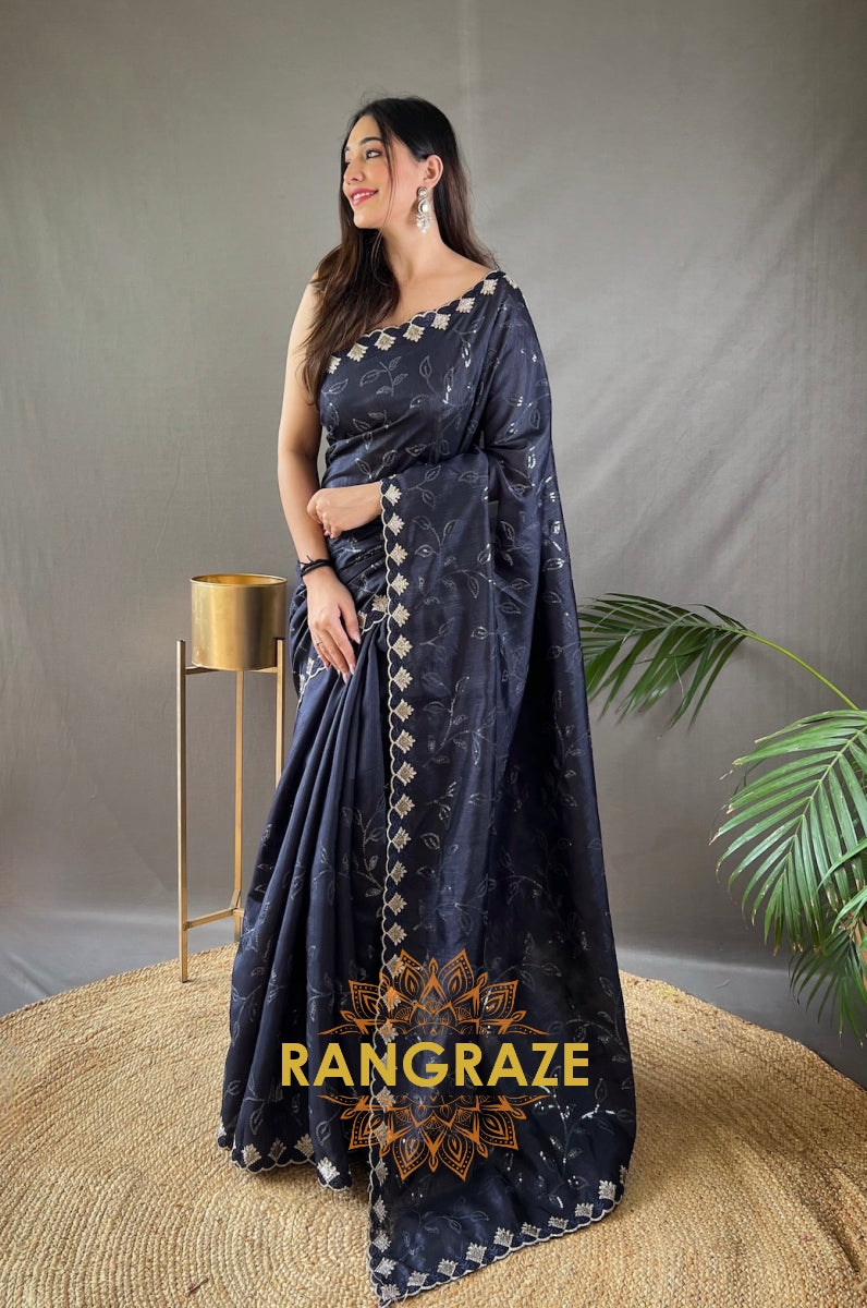 Black Pure Ruhi Silk Saree With Sequin Jaal Work And Cutwork Fancy Border