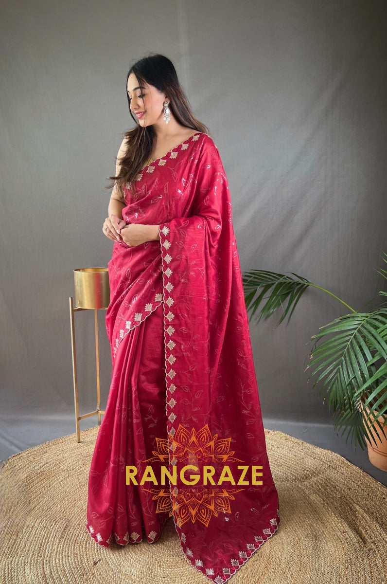 Red Pure Ruhi Silk Saree With Sequin Jaal Work And Cutwork Fancy Border