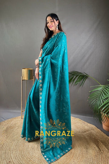 Turquoise Pure Ruhi Silk Saree With Sequin Jaal Work And Cutwork Fancy Border