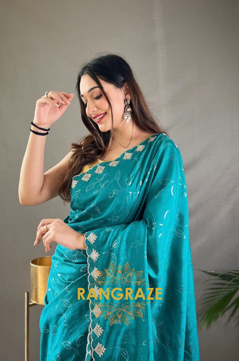 Turquoise Pure Ruhi Silk Saree With Sequin Jaal Work And Cutwork Fancy Border