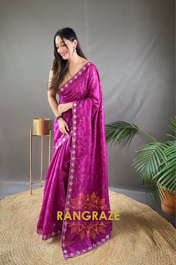 Purple Pure Ruhi Silk Saree With Sequin Jaal Work And Cutwork Fancy Border