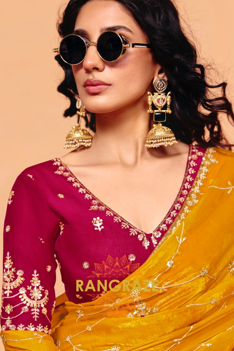 Mustard Gold Organza Satin Embroidered Saree with Contrast Blouse