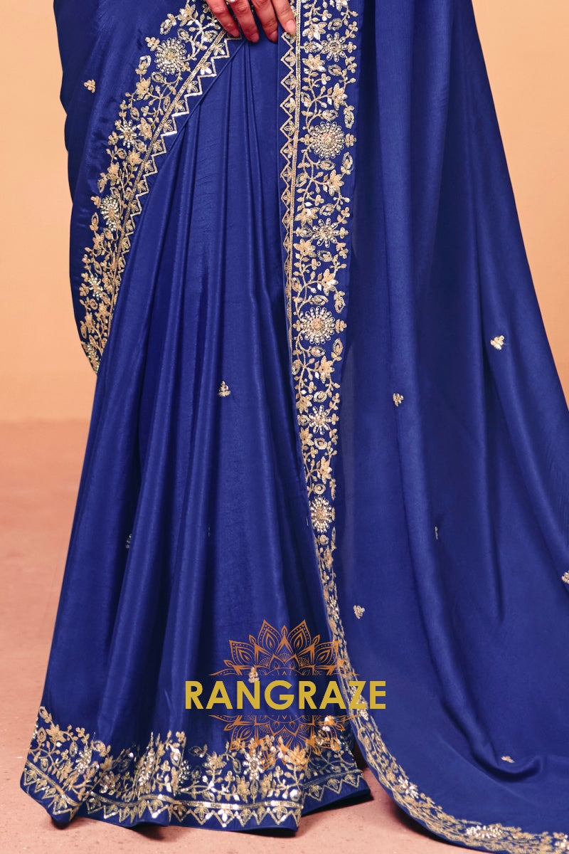 Royal Blue Premium Satin Embroidered Saree with Contrast Blouse