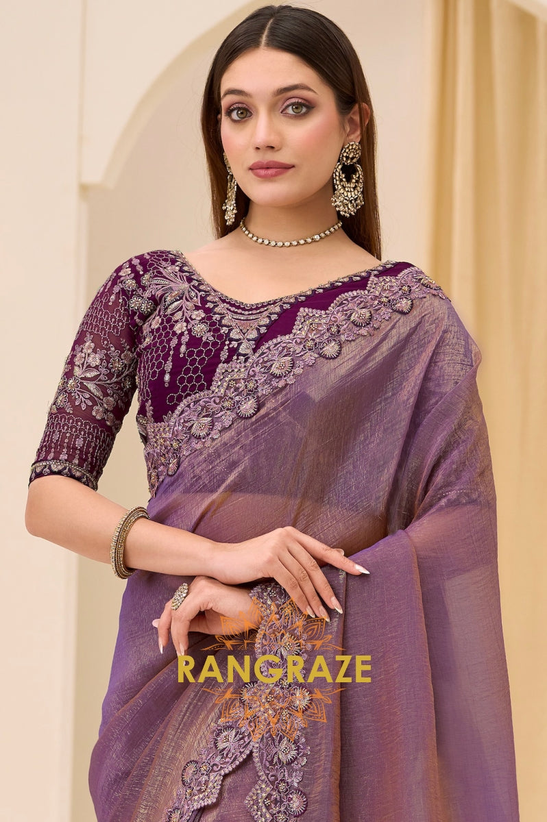 Dual Shade Premium Georgette Tissue Embroidered Saree with Designer Blouse – Purple