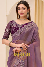 Dual Shade Premium Georgette Tissue Embroidered Saree with Designer Blouse – Purple