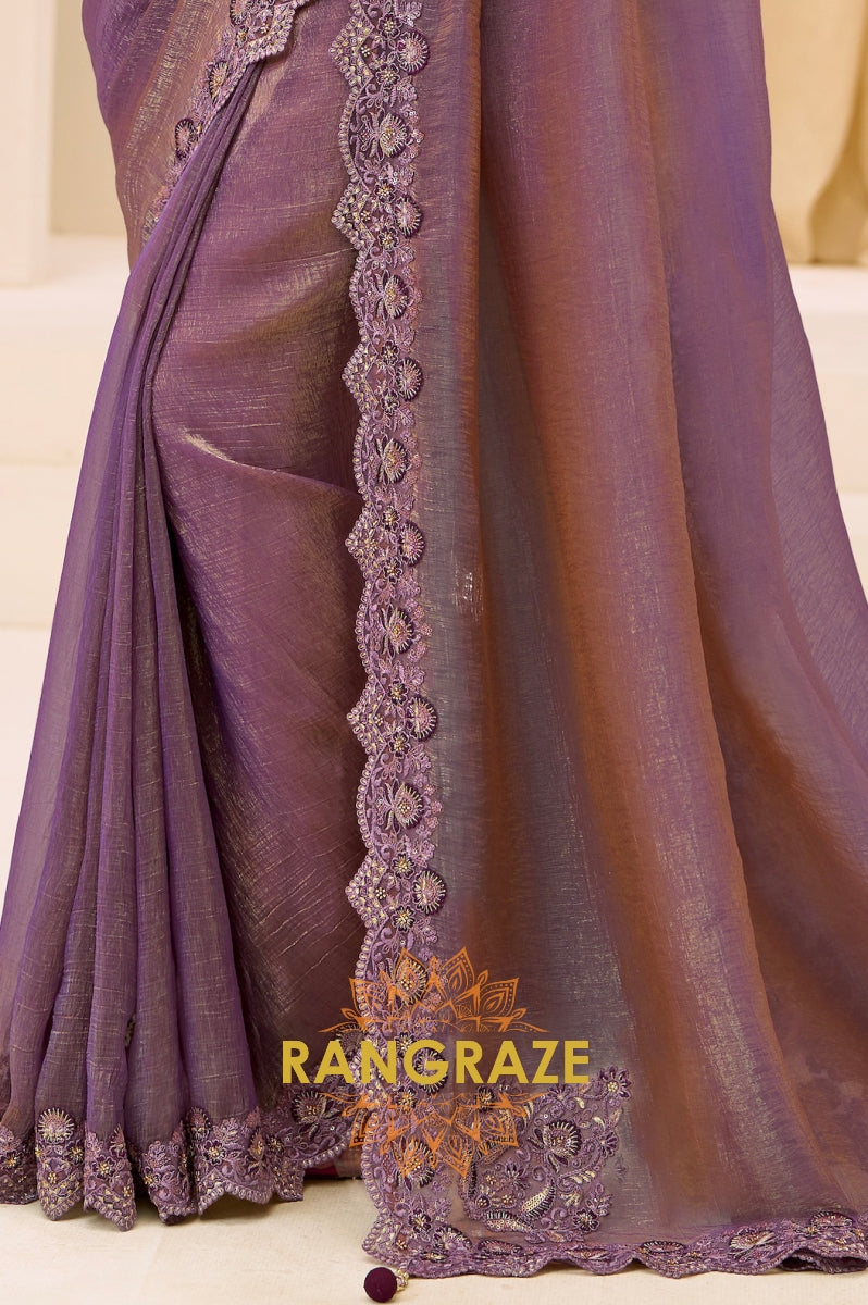 Dual Shade Premium Georgette Tissue Embroidered Saree with Designer Blouse – Purple