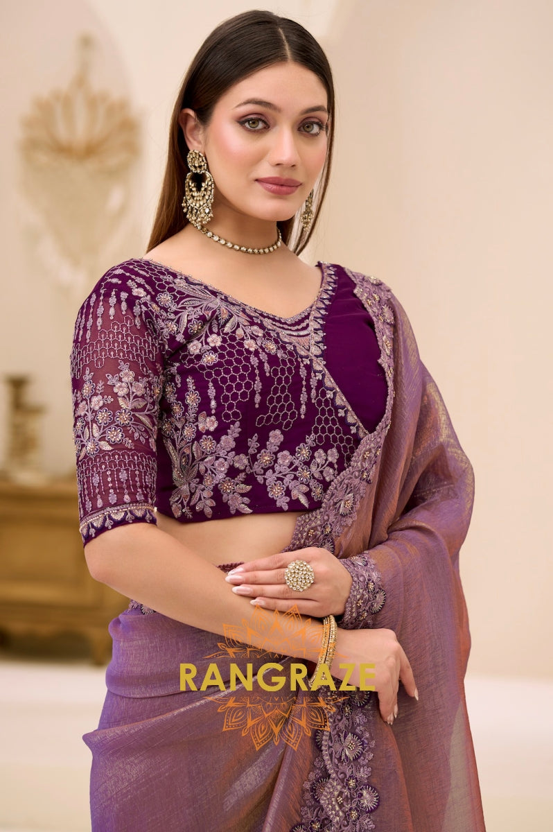 Dual Shade Premium Georgette Tissue Embroidered Saree with Designer Blouse – Purple