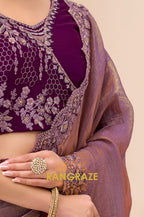 Dual Shade Premium Georgette Tissue Embroidered Saree with Designer Blouse – Purple