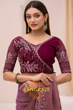 Dual Shade Premium Georgette Tissue Embroidered Saree with Designer Blouse – Purple