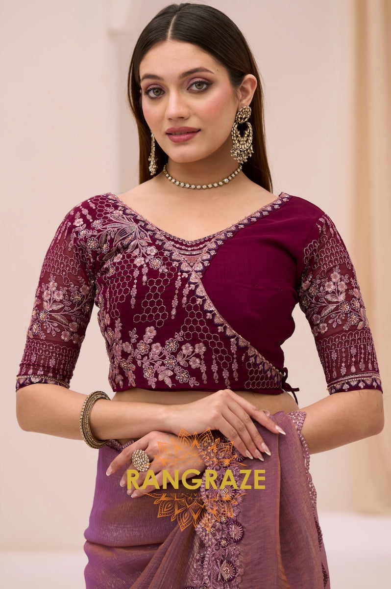 Dual Shade Premium Georgette Tissue Embroidered Saree with Designer Blouse – Purple
