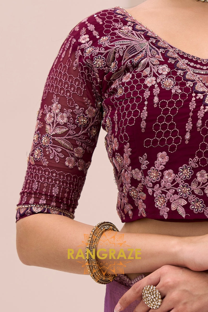 Dual Shade Premium Georgette Tissue Embroidered Saree with Designer Blouse – Purple