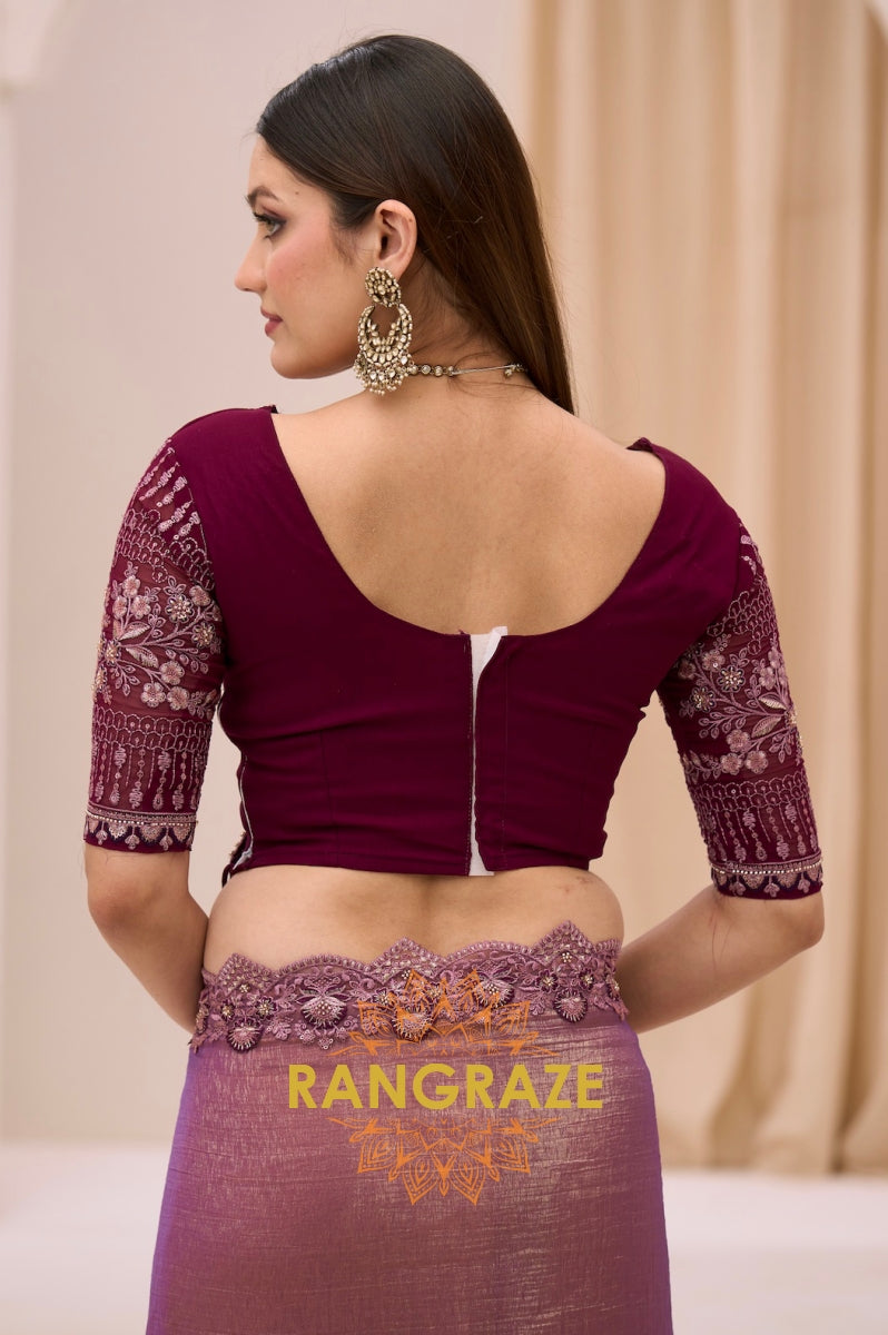 Dual Shade Premium Georgette Tissue Embroidered Saree with Designer Blouse – Purple