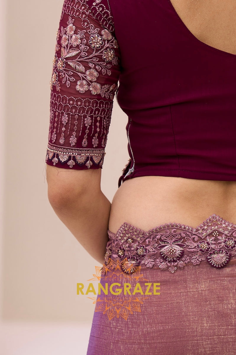 Dual Shade Premium Georgette Tissue Embroidered Saree with Designer Blouse – Purple