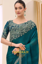 Teal Green Satin Chiffon Embroidery Saree with Designer Blouse