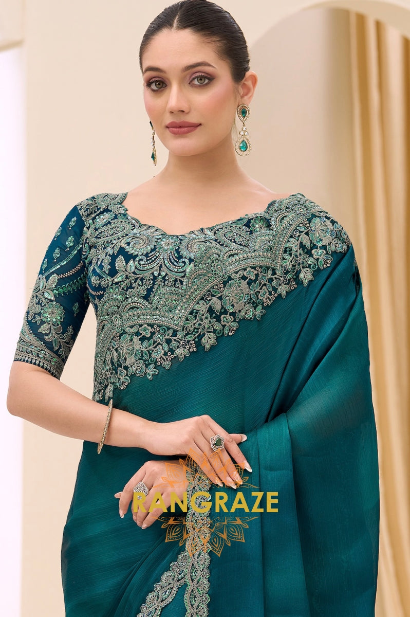 Teal Green Satin Chiffon Embroidery Saree with Designer Blouse