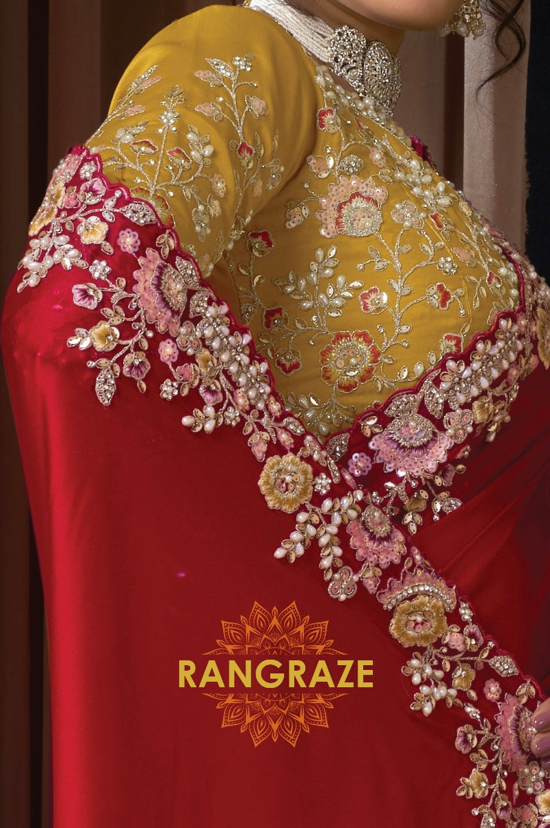 Red Satin Silk Multi-Thread Embroidered Saree with Designer Blouse
