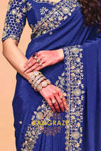 Royal Blue Premium Satin Embroidered Saree with Contrast Blouse