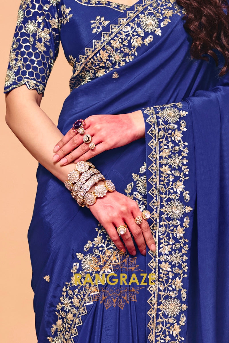 Royal Blue Premium Satin Embroidered Saree with Contrast Blouse