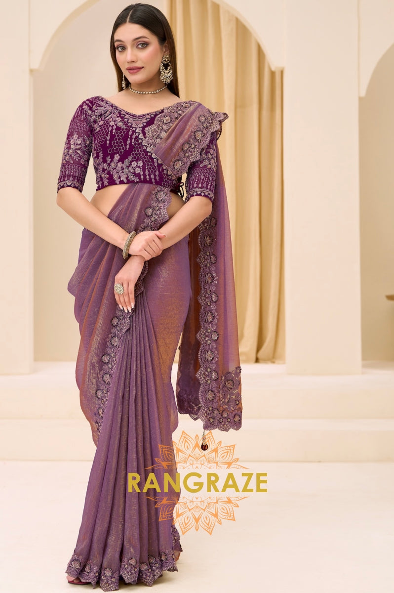 Dual Shade Premium Georgette Tissue Embroidered Saree with Designer Blouse – Purple