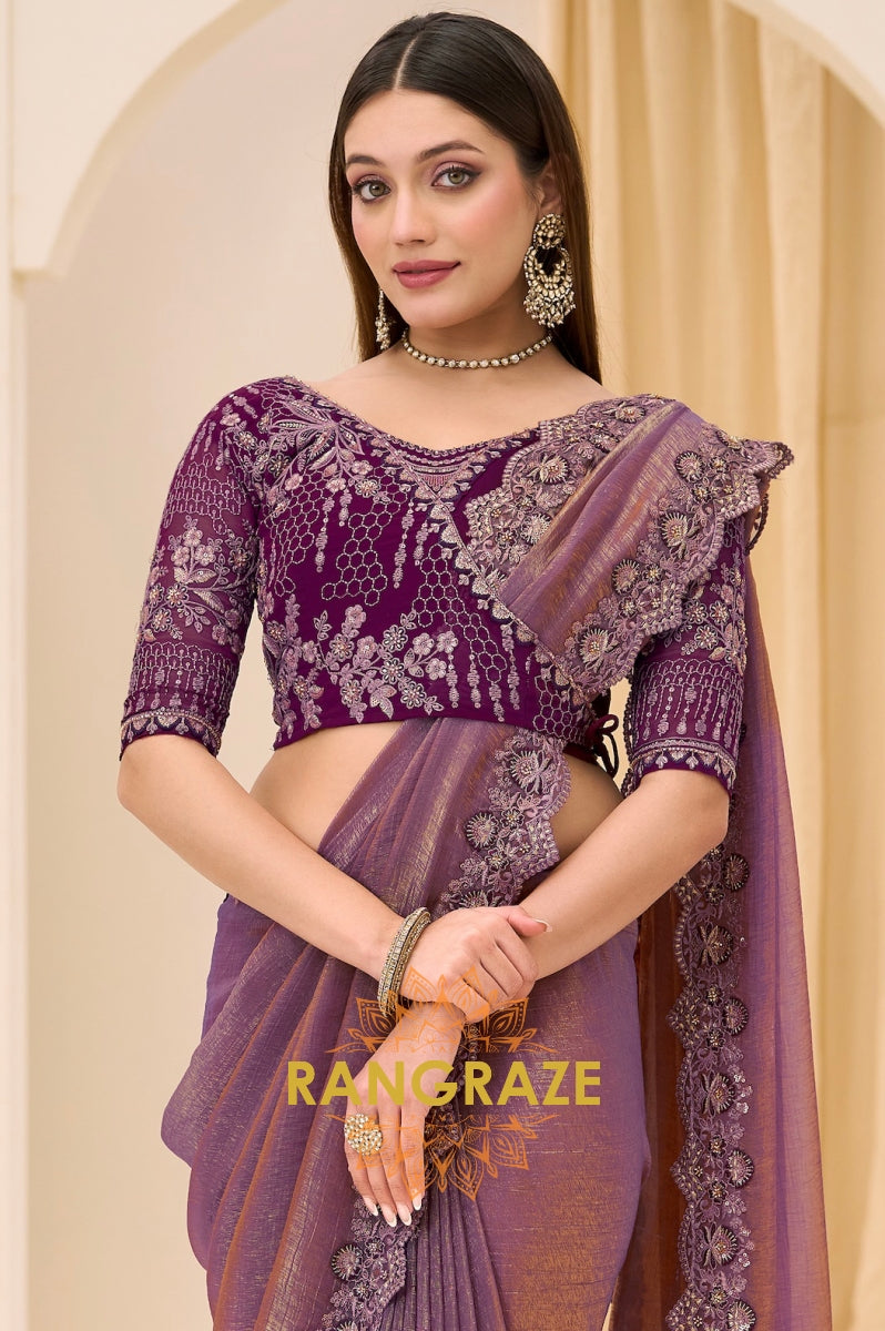 Dual Shade Premium Georgette Tissue Embroidered Saree with Designer Blouse – Purple