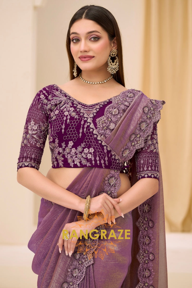 Dual Shade Premium Georgette Tissue Embroidered Saree with Designer Blouse – Purple