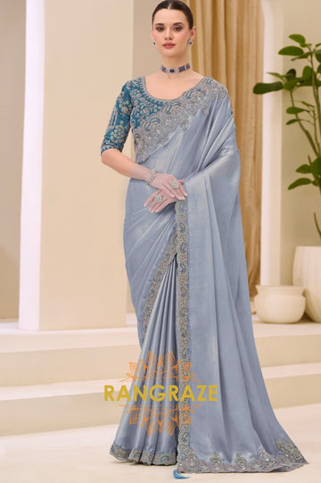 Ice Blue Shimmer Satin Silk Embroidered Saree with Designer Blouse