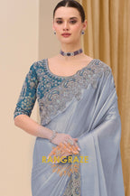 Ice Blue Shimmer Satin Silk Embroidered Saree with Designer Blouse