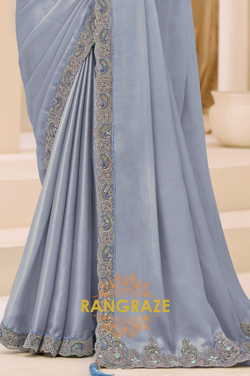 Ice Blue Shimmer Satin Silk Embroidered Saree with Designer Blouse