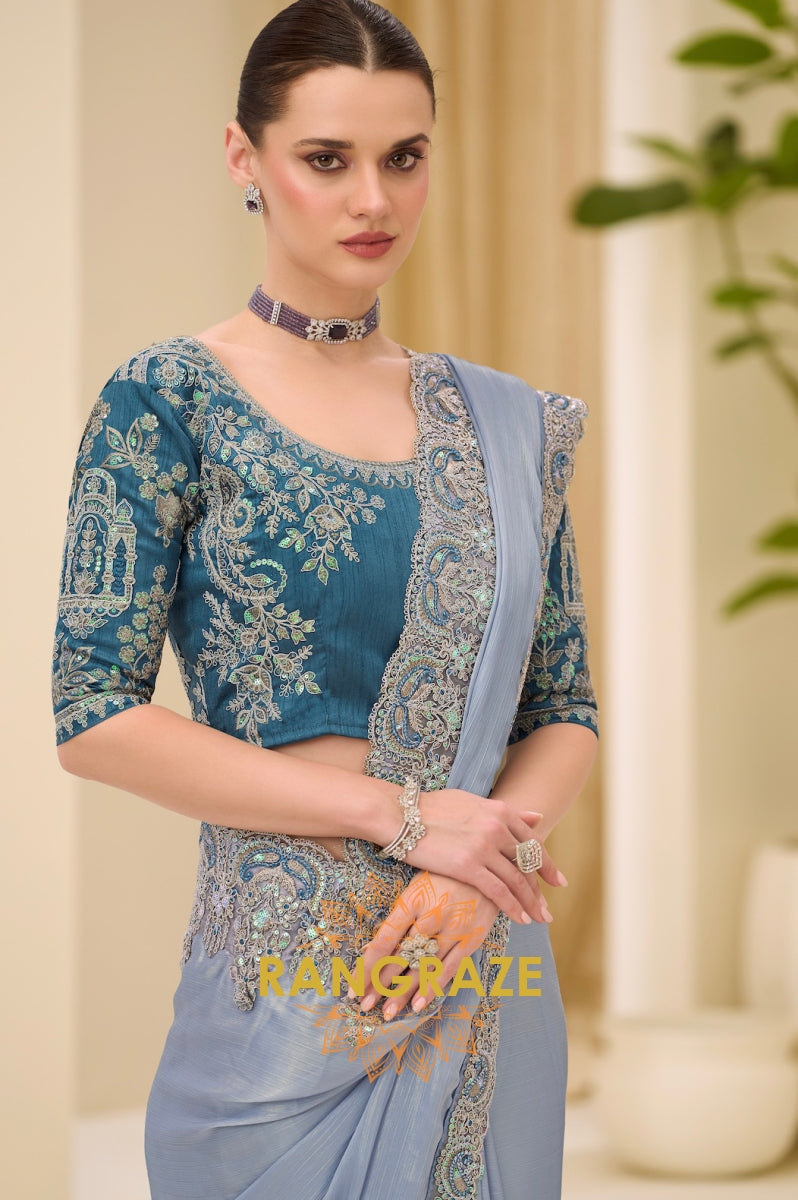 Ice Blue Shimmer Satin Silk Embroidered Saree with Designer Blouse