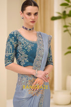 Ice Blue Shimmer Satin Silk Embroidered Saree with Designer Blouse