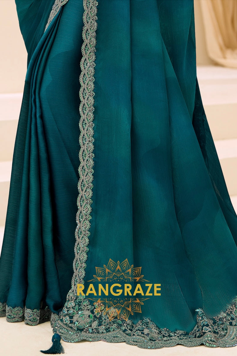 Teal Green Satin Chiffon Embroidery Saree with Designer Blouse